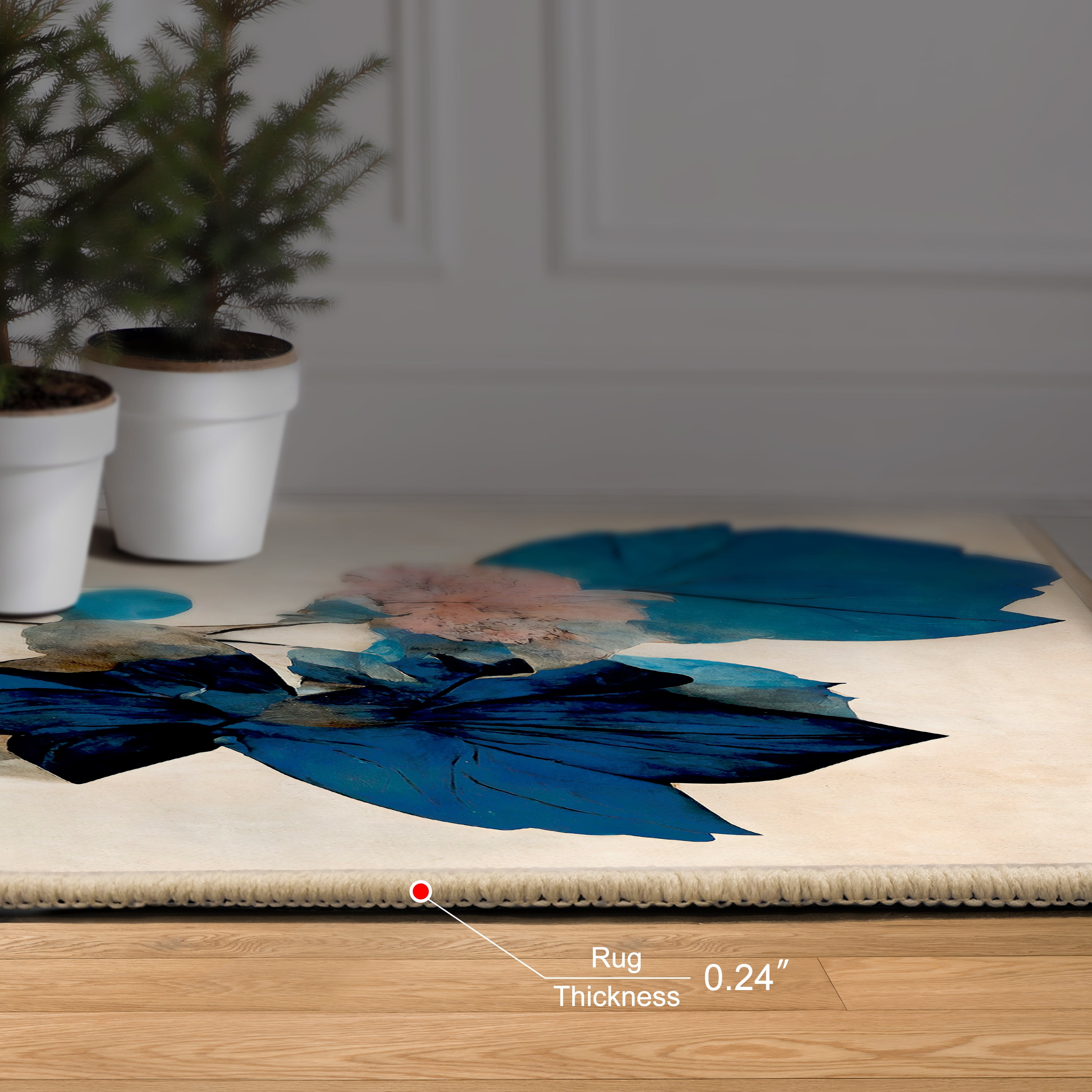 Blue Dry Flowers I Washable Art Area Rug size 8'x10', Power-loomed, Heavenly Softness with Non-Slipping Backing