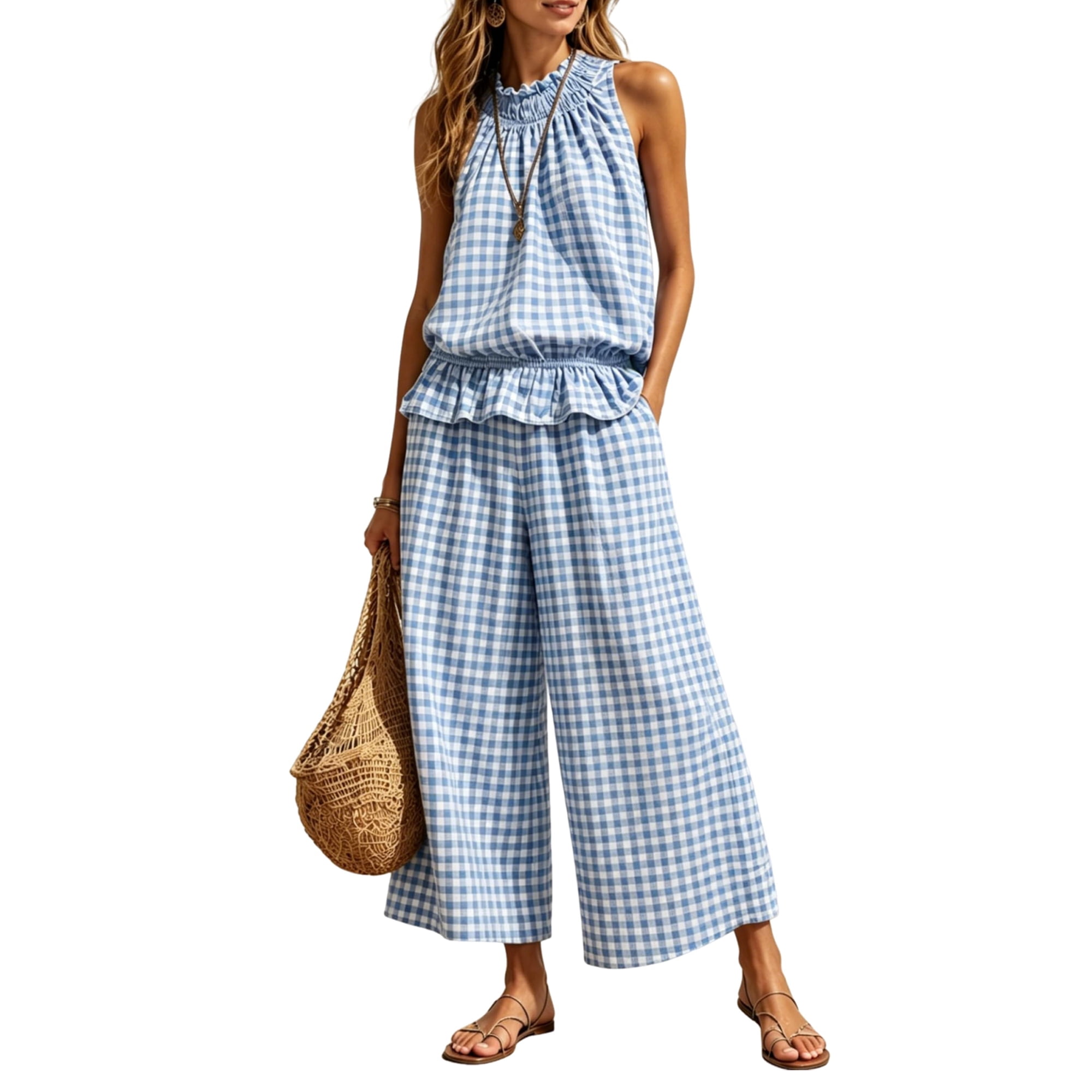 Women's Gingham 2 Piece Set Outfits Sleeveless Ruffle Top Wide Leg Pants Casual Beach Loungewear