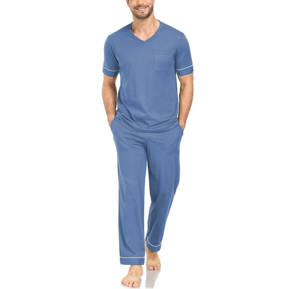 ANLIQI Men's 100% Cotton Pajama Set Soft v-neck Top Short Sleeve & Bottom Pants with Pockets Men's Loungewear Sets(BL_XL)