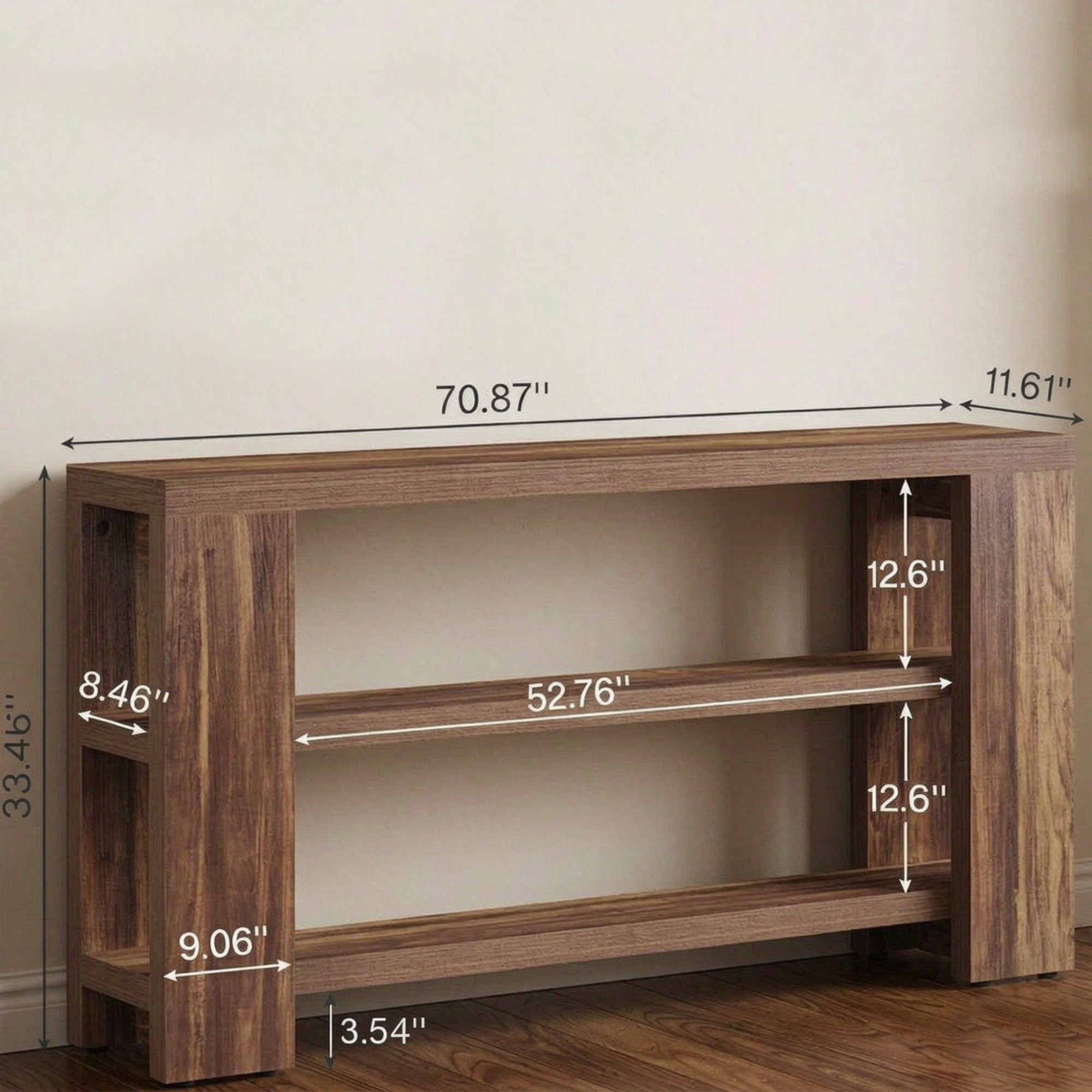 70.9 in Wooden 3-Tier Console Table, Rustic Farmhouse Sofa Table for Entryway & Hallway