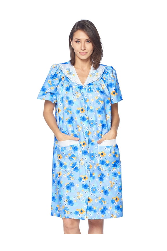 Women's Snap Front House Dress Short Sleeve Woven Duster Housecoat Lounger Sleep Gown