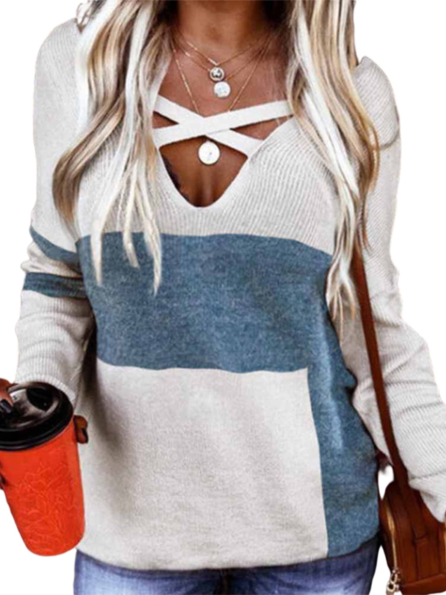 Womens Casual Knit Sweater V-neck Jumper Tops Ladies Long Sleeve Pullover Blouse