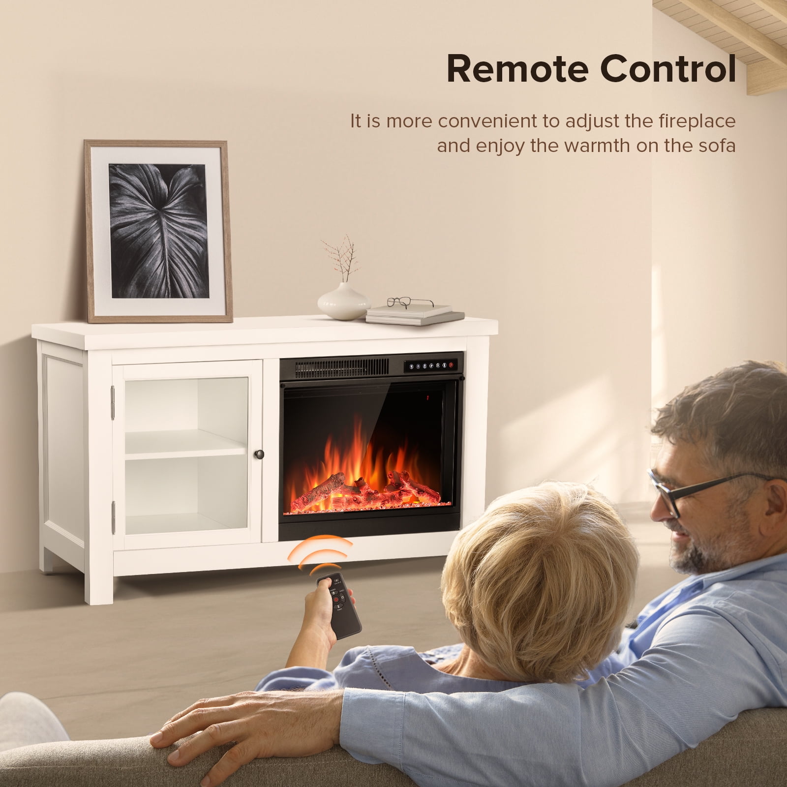 KISSAIR 48'' Electric Fireplace Mantel, Remote Control, Adjustable LED Flame, 750W/1500W Free Standing Fireplace（White）