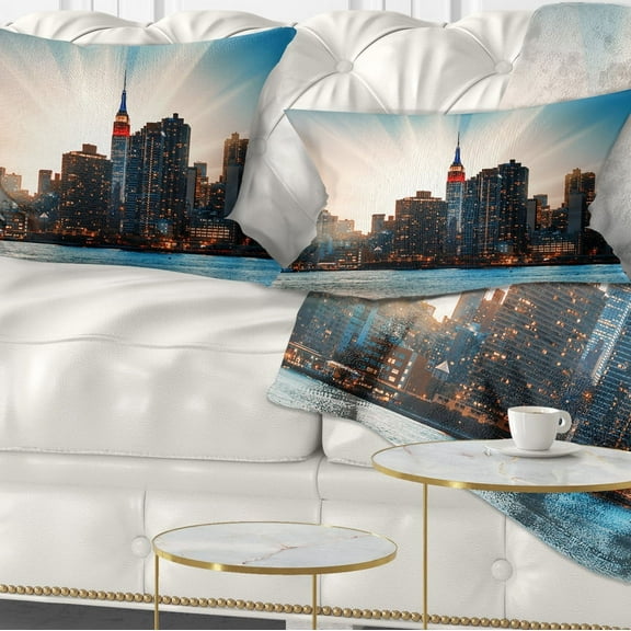 Designart Manhattan Skyline at Bright Sunset - Throw Pillow - 12x20