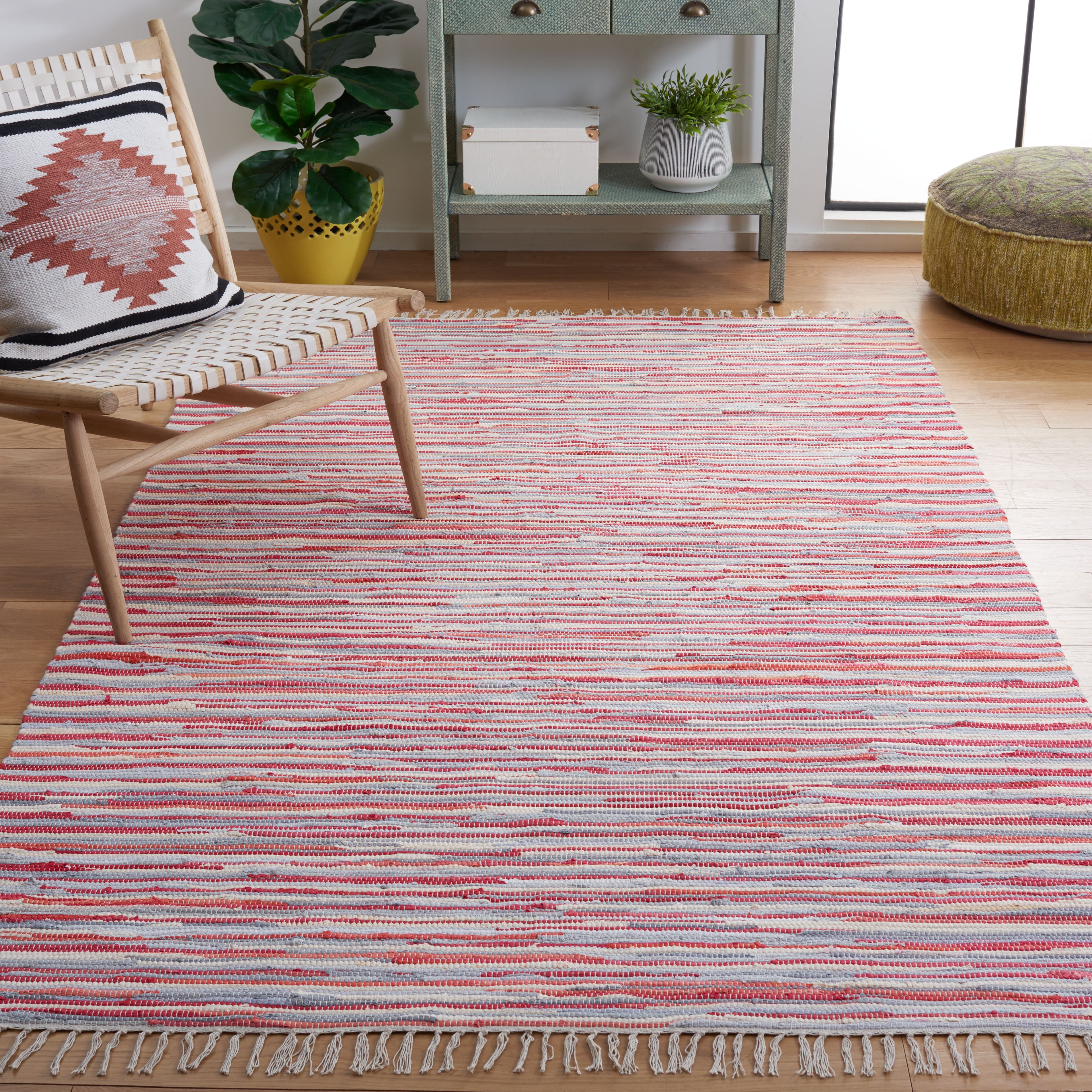Safavieh Rag Rug Collection RAR129R Handmade Boho Stripe Cotton Area Rug Red 9' x 12' Multi Safavieh Rag Rug Collection RAR129R Handmade Boho Stripe Cotton Area Rug Red 9' x 12' Multi
