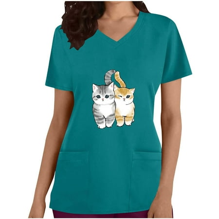 

Pejock Women s Pocket Scrub Top Cute Cat Print Short Sleeve V-Neck Wrap Scrubs Soft Stretch Nursing Workwear Blouse Shirt Light Blue B XL (US Size:10)