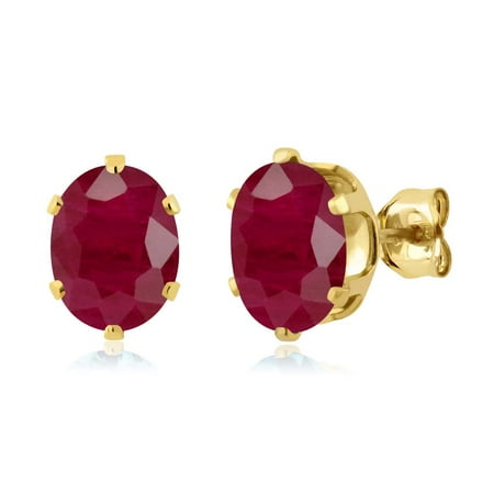 3.78 Ct Oval 8x6mm Red Ruby 925 Yellow Gold Plated Silver Stud Earrings