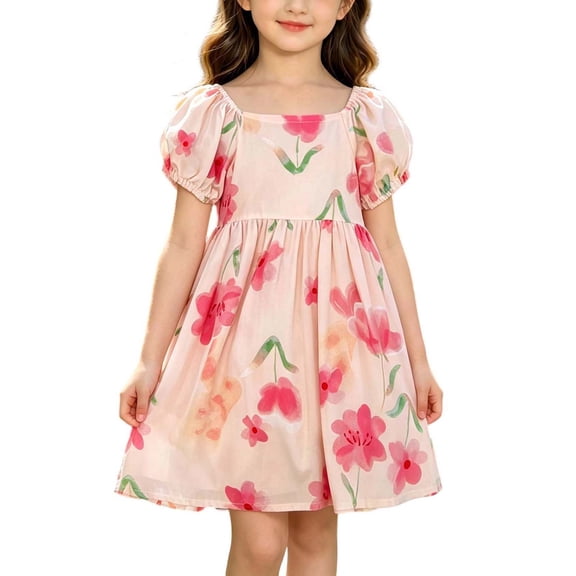 Iyufng Floral Printed Dresses for Girls A-line Dress Summer Short Sleeve Cotton Dresses