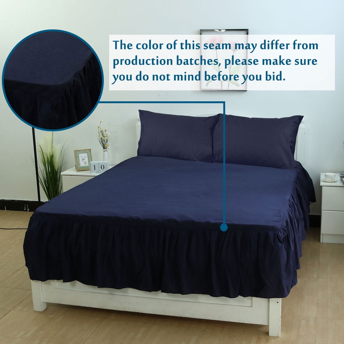 Pleated Bed Skirts Polyester Solid Dust Ruffle 14 Inch Drop Navy Blue