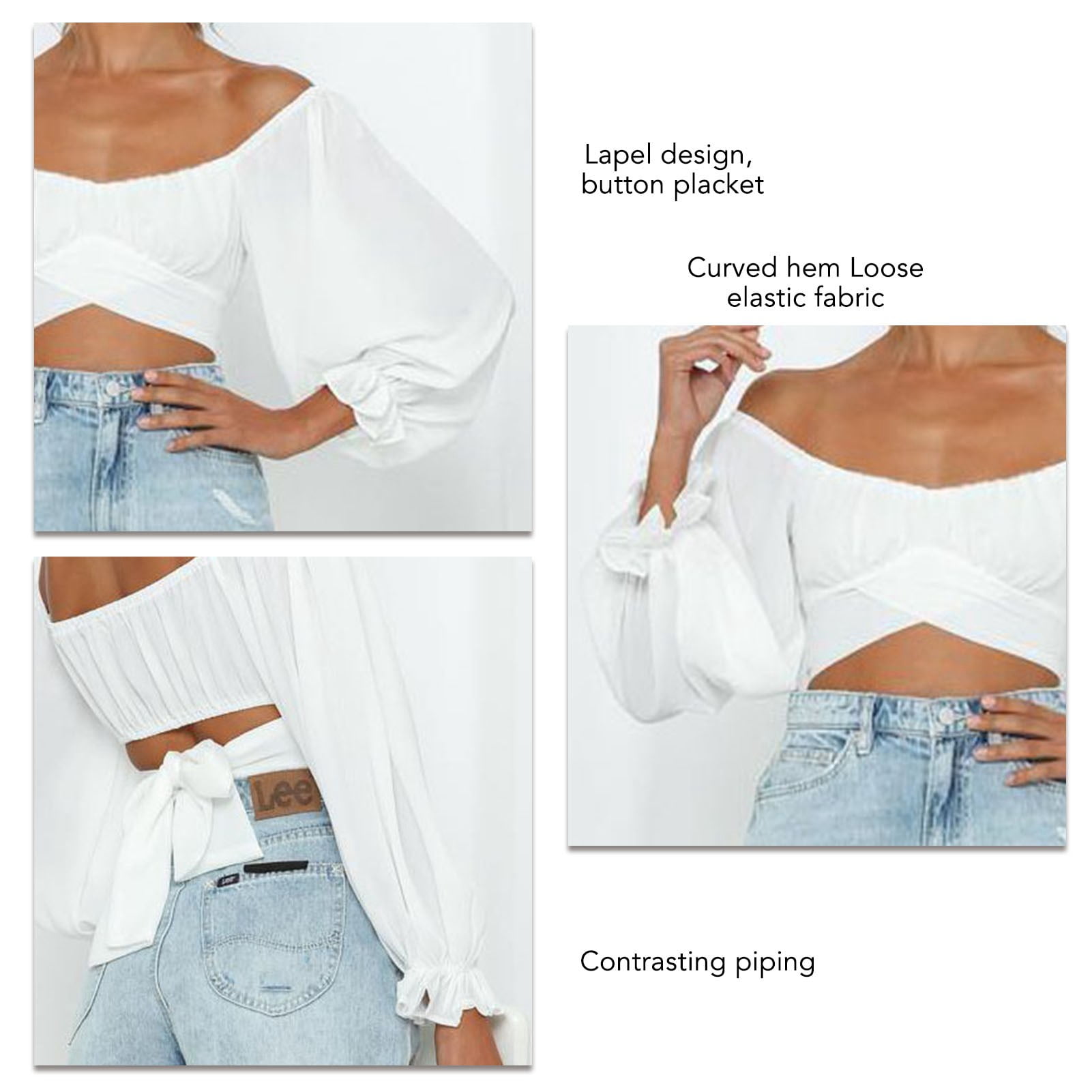 Puff Sleeve Tie Back Crop Blouse, Fashion Elastic Cuff Polyester Fiber Cute Off Shoulder Wrap Crop Top Skin Friendly All Match For Date Work Home Type
