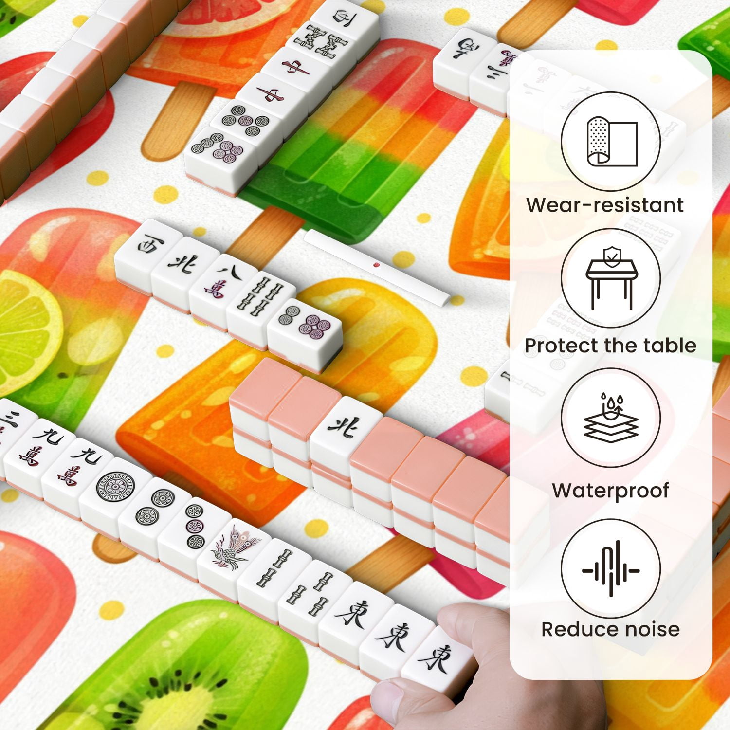 Mahjong Mat 31.5" x 31.5" Colorful Popsicle Fruit Flavors White Anti-Slip and Noise Reduction Symmetry Design Mahjong Tiles Table Cover for Dominoes Poker Card Board and Tile Games