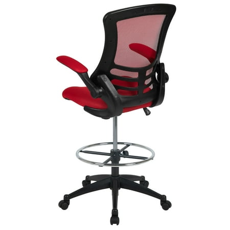 Flash Furniture - Mid-Back Mesh Ergonomic Drafting Chair with Adjustable Foot Ring and Flip-Up Arms - Red Mesh