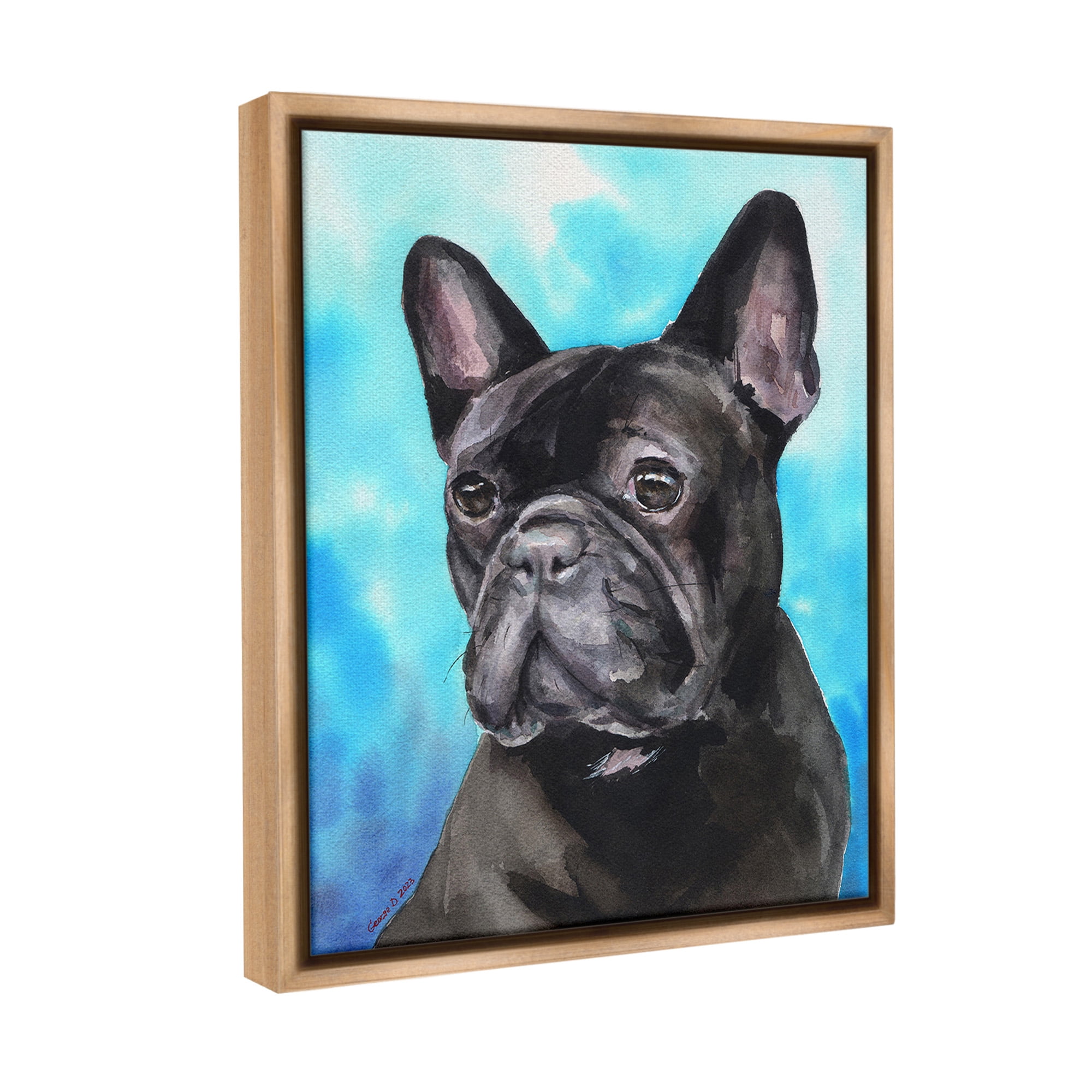 Stupell Industries French Bulldog on Blue Animals & Insects Painting Brown Floater Framed Canvas Art Print Wall Art, 25 x 31