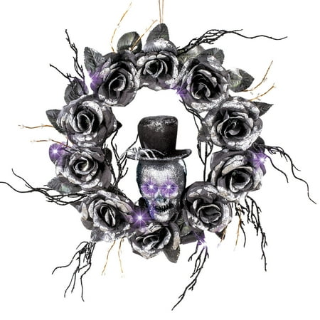 Lighted Skull Halloween Wreath with Black Roses and Twigs, Outdoor and Indoor Décor