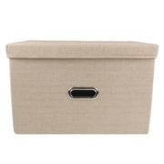 Collapsible Fabric Storage Bin With Handle Lid Foldable Box Linen Large Container Organizer For Home Clothes Storage, Khaki