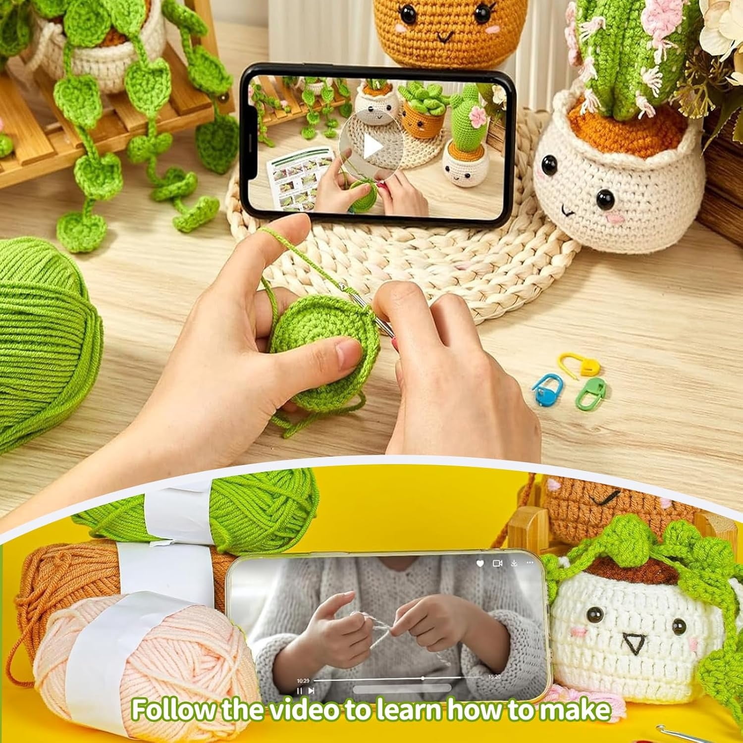 Crochet Kit for Beginners, Boriyuan 6Pcs Hanging Potted Plants and Cactus Succulent Family Crochet Kit with Crochet Accessories, Craft DIY Knitting Supplies for Adults
