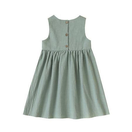 

Toddler Girl Round Neck Button Dress Cotton Sleeveless Dress for 2T-6T