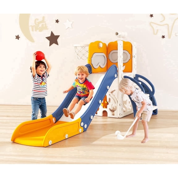 8-in-1 Bear Themed Toddler Slide Play Set for Kids 1-3, Indoor Outdoor Playground with Storage, Climber, Telescope, Golf Set, Drawing Set and Basketball Hoop