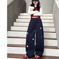 thumbnail image 4 of YunPes Girls' Cute Flowers Embroidered Trousers Oversized Wide Leg Pants Casual Drawstring Elastic Sweatpants for School Streetwear, 4 of 8