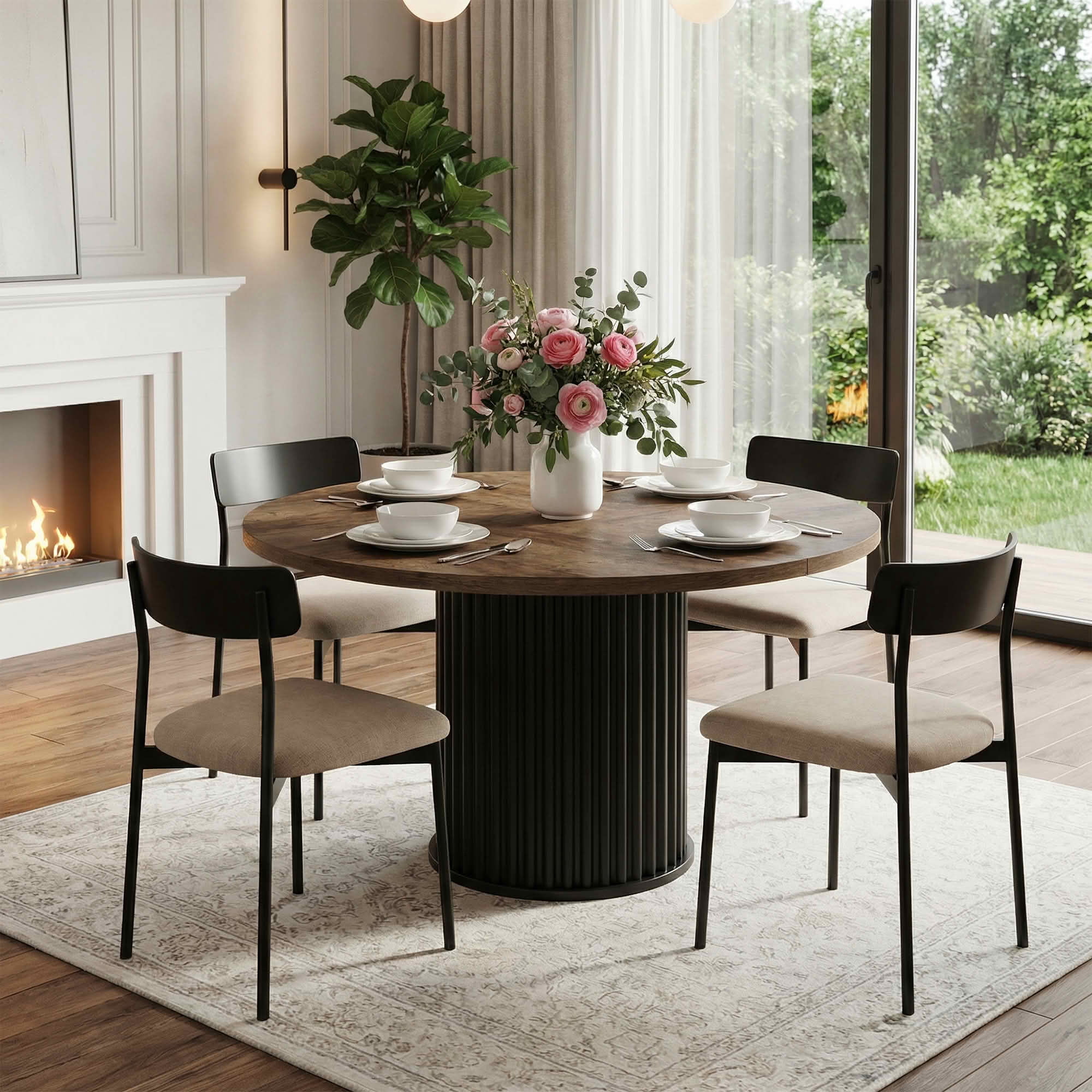 MAYEERTY 47.24" Mid-Century Round Dining Table, Black Textured MDF Top Fluted Metal Base, Seats 6 with Adjustable Anti-Slip Foot Pads