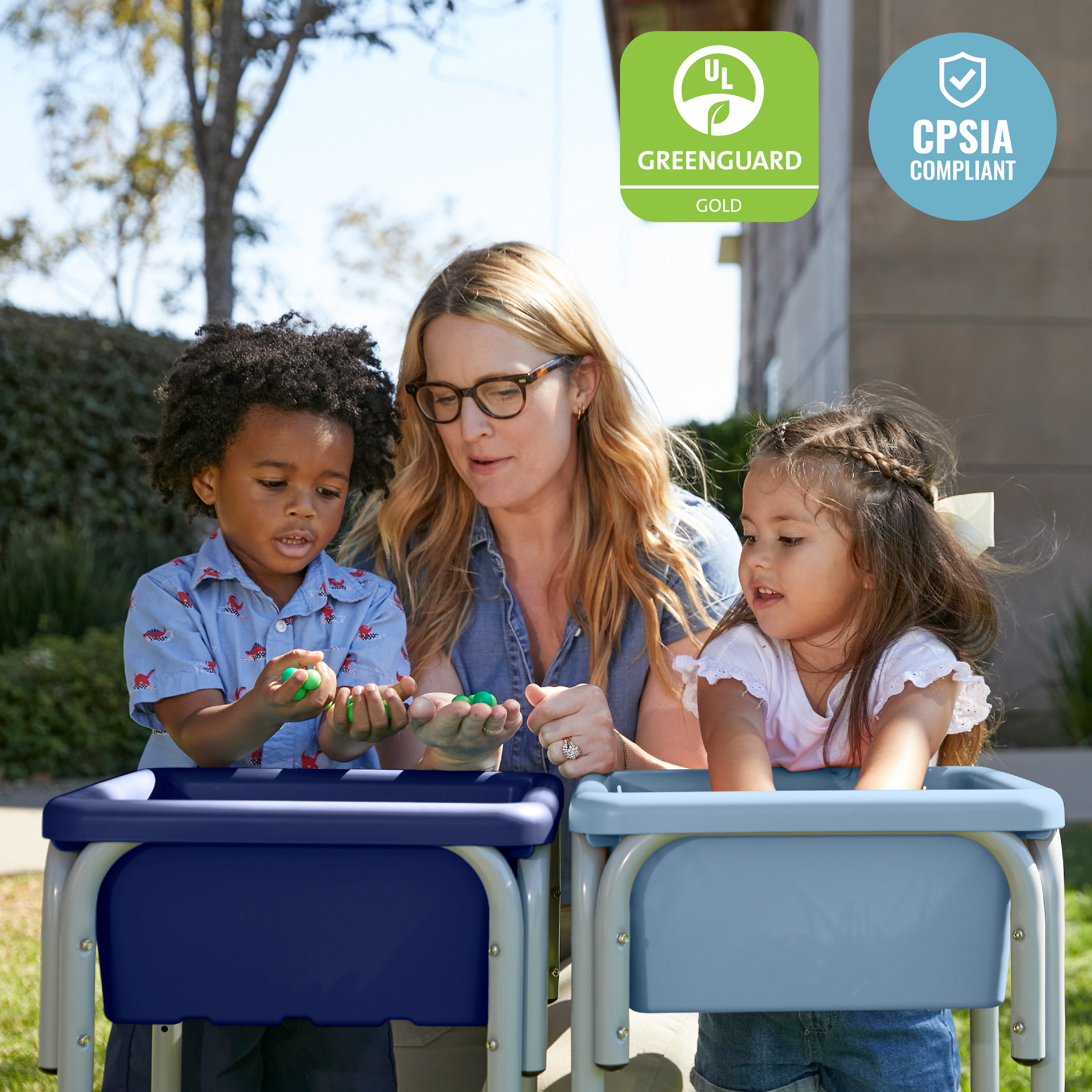ECR4Kids 2-Station Sand and Water Adjustable Height Table, Sensory Bins, Navy/Powder Blue