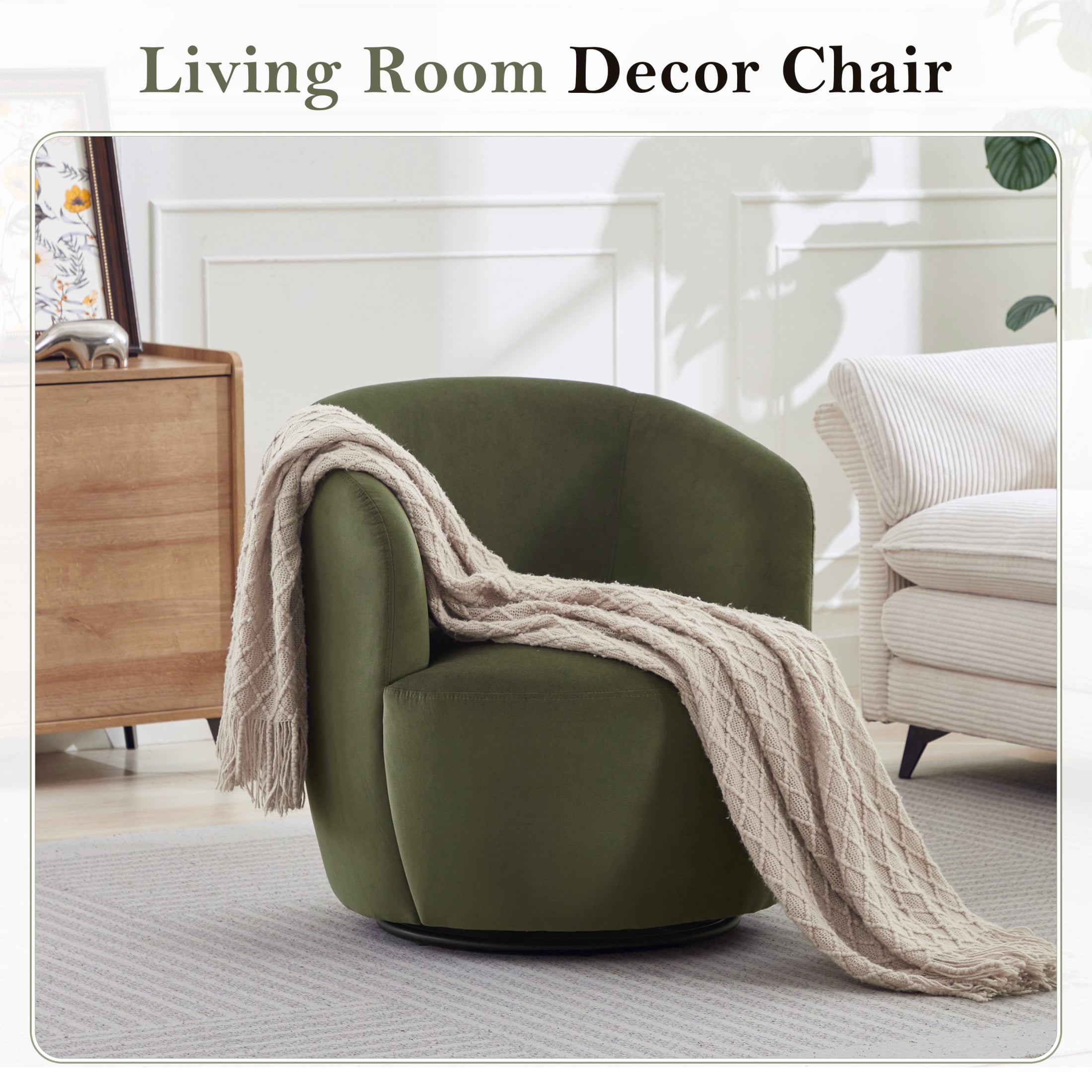 Noble House Valda Upholstered Velvet Barrel Chair, Swivel Reading Lounge Armchair with Metal Base for Bedroom, Green