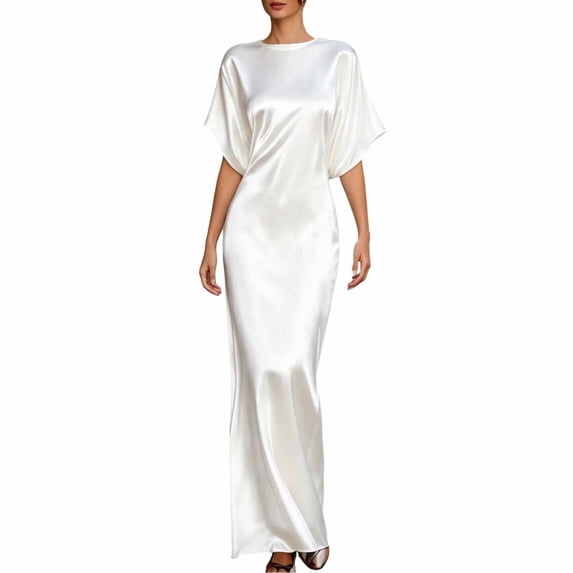 NTACZA Boho Dresses for Women Maxi Wedding Guest Dresses 3/4 Sleeve Round Neck Dressy White M