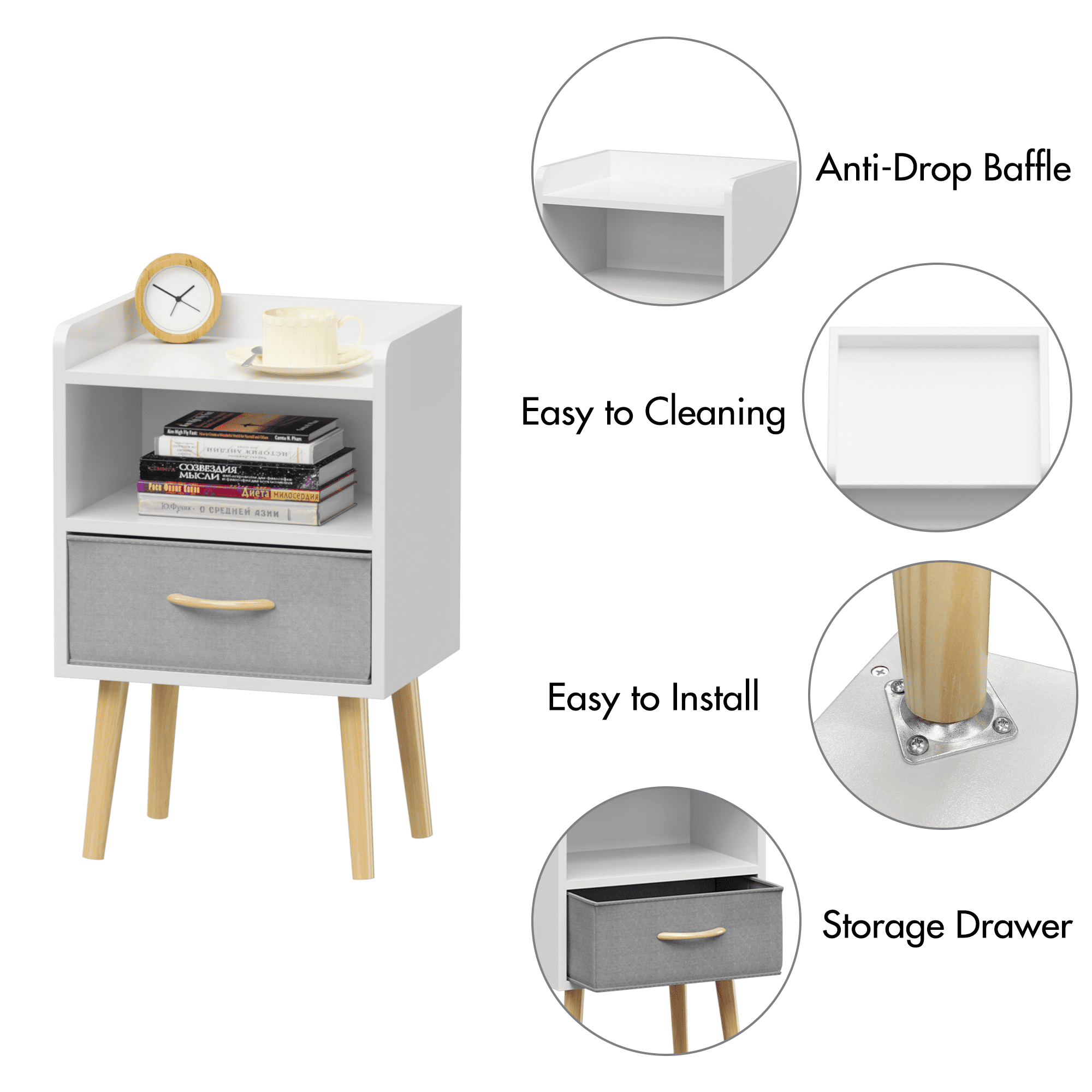 Nightstand With Collapsible Fabric Drawer, 2-Tier Storage End Table, Wood Side Table with Storage Cabinet