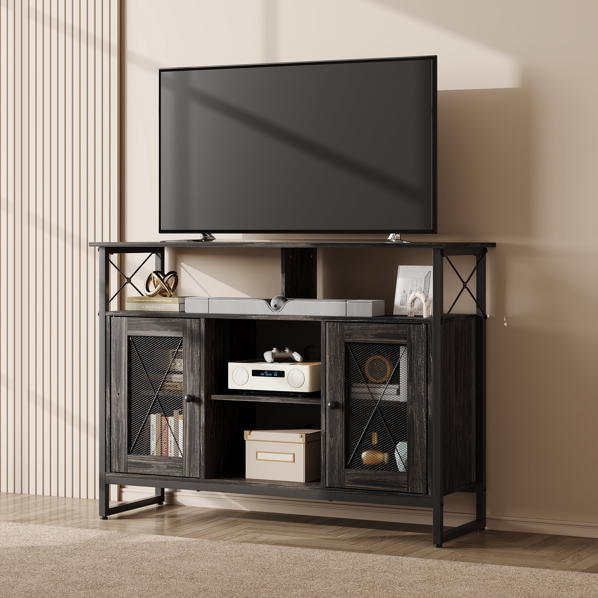 GALAXHERO TV Stand for 43 inch TV Small Entertainment Center with Storage Cabinet & Adjustable Shelves Farmhouse Industrial TV Table for Living Room and Bedroom, 32" TV Console, Black