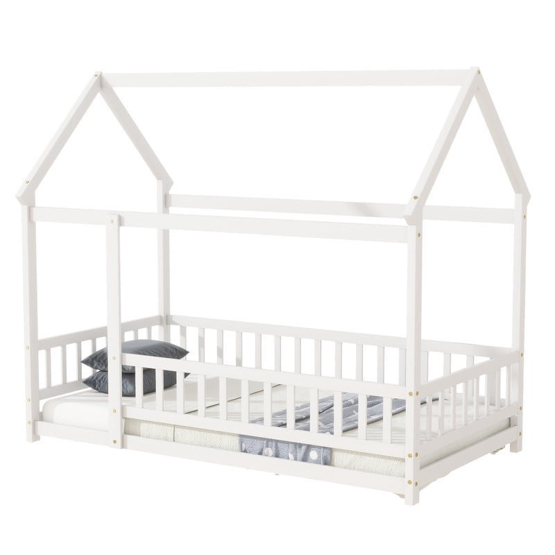 Bellemave Twin Floor Bed, Wood Twin Size House Bed Frame with Fence, Montessori Floor Bed for Bedroom (White)