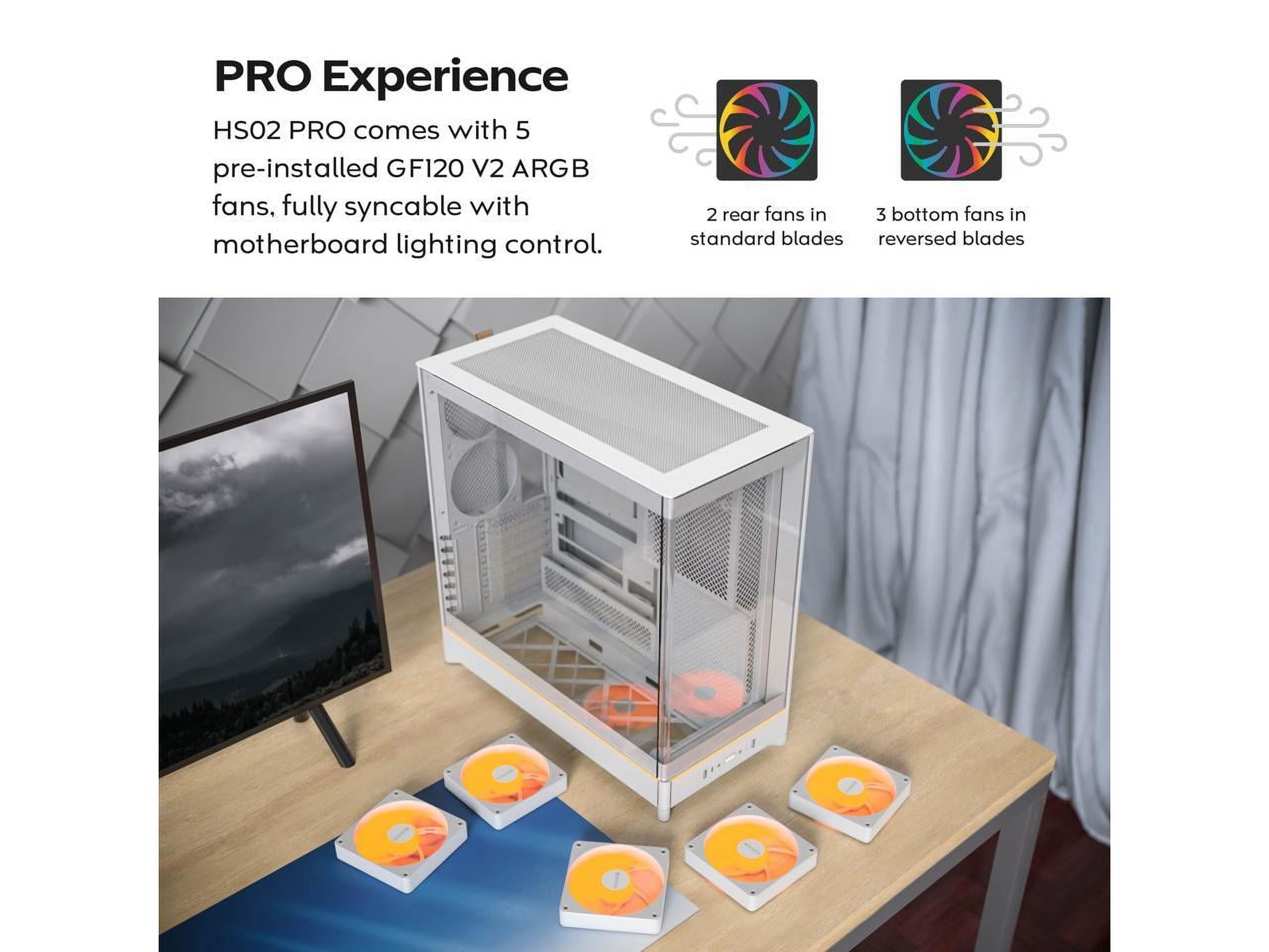 MONTECH HS02 PRO, ATX Mid-Tower PC Case, Gaming PC, High-Airflow, Reversible Layout, Sturdy Curved Tempered Glass Front Panel, 5x ARGB PWM Fan Pre-Installed, Sink-in Design, Toolless Panels, White, US