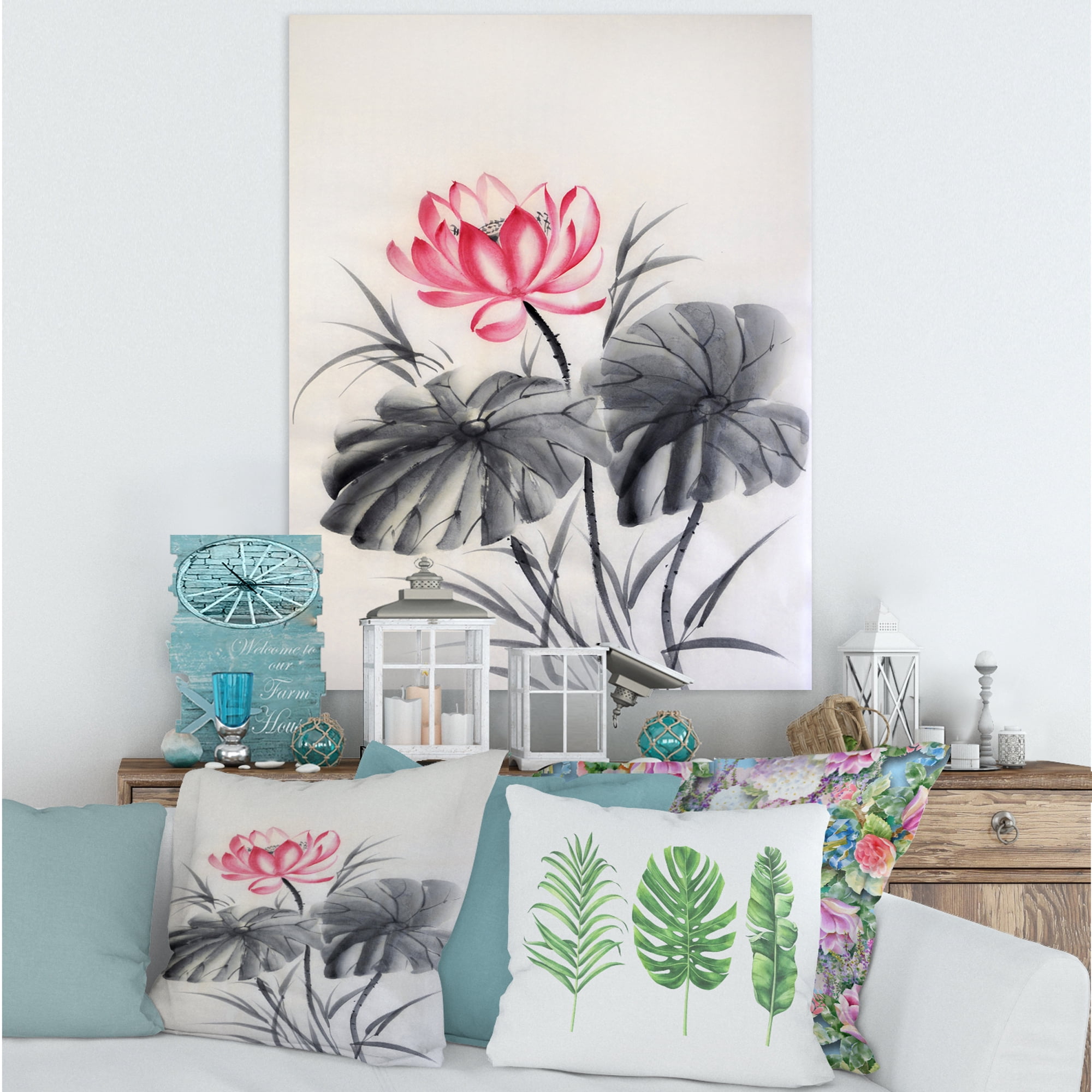 Designart ' Two Monochrome Leaves With Lotus Flower ' Traditional Canvas Wall Art Print