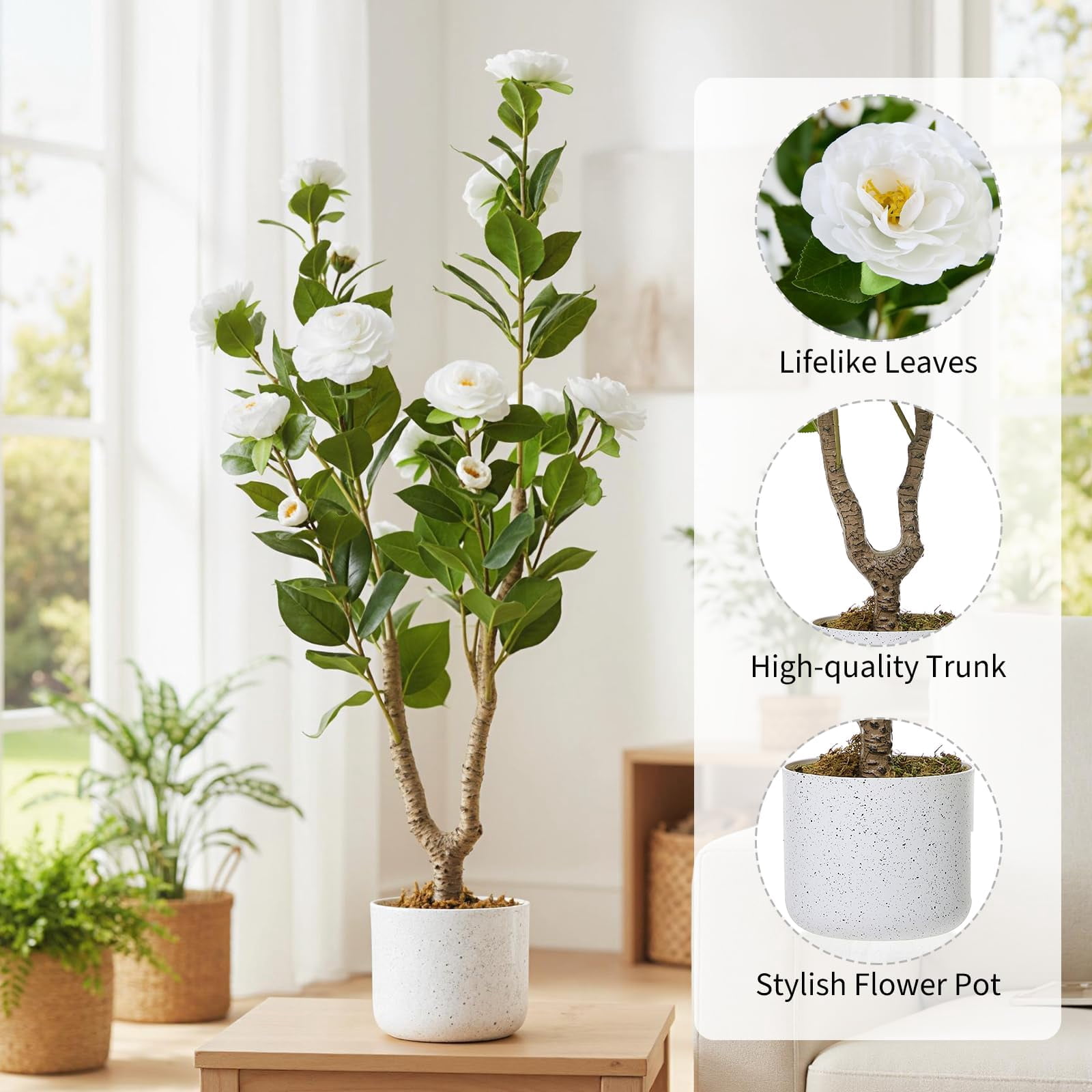 3FT Artificial Camellia Tree, Realistic Faux Plant in Pot with Flowers, Artificial Plants for Spring Home Decor Outdoor Porch Front Door Decor 2 Pack