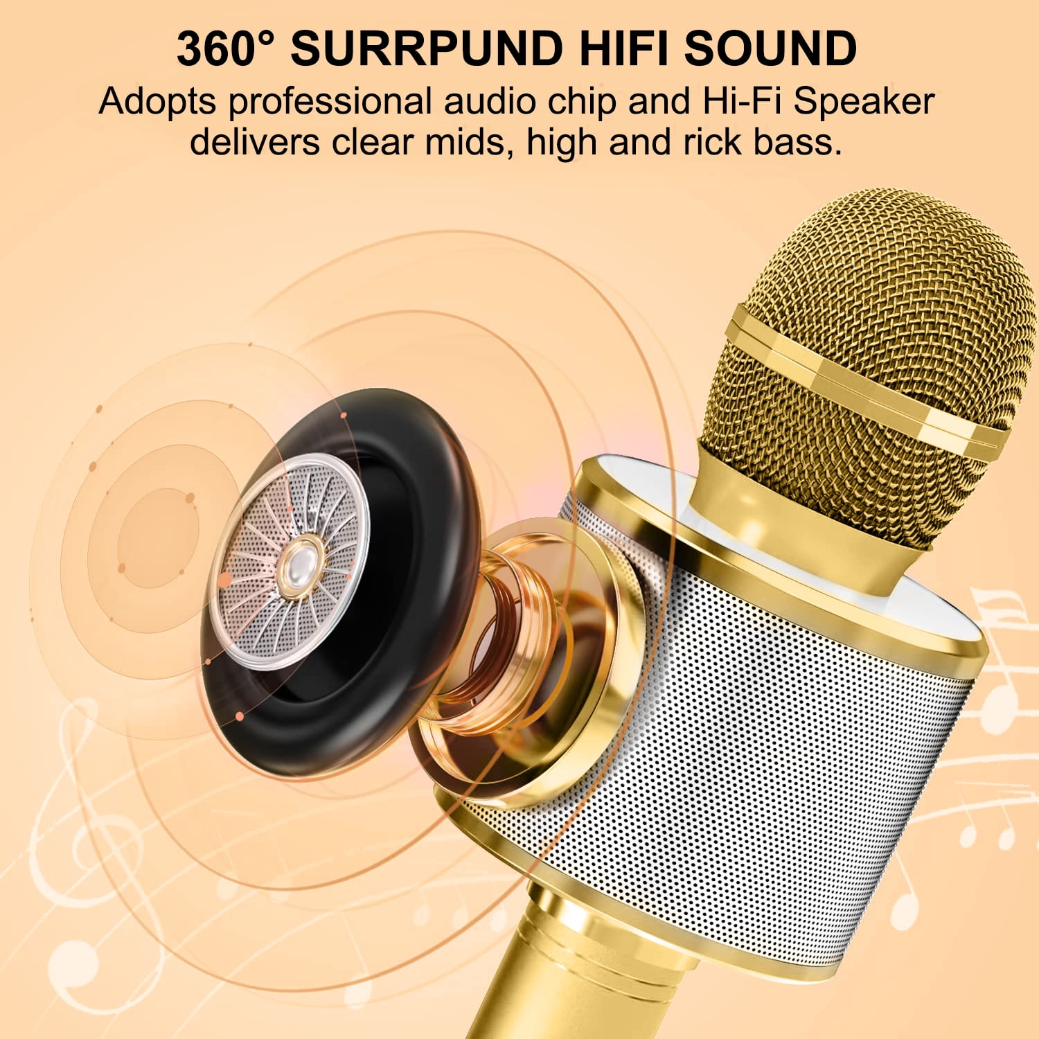 DAKIMOE Wireless Bluetooth Karaoke Microphone, Portable Handheld Singing Microphone for Kids Adults with Stereo Speaker and Voice Changer for All Smartphones, Gifts for Girls Kids Adults, Gold