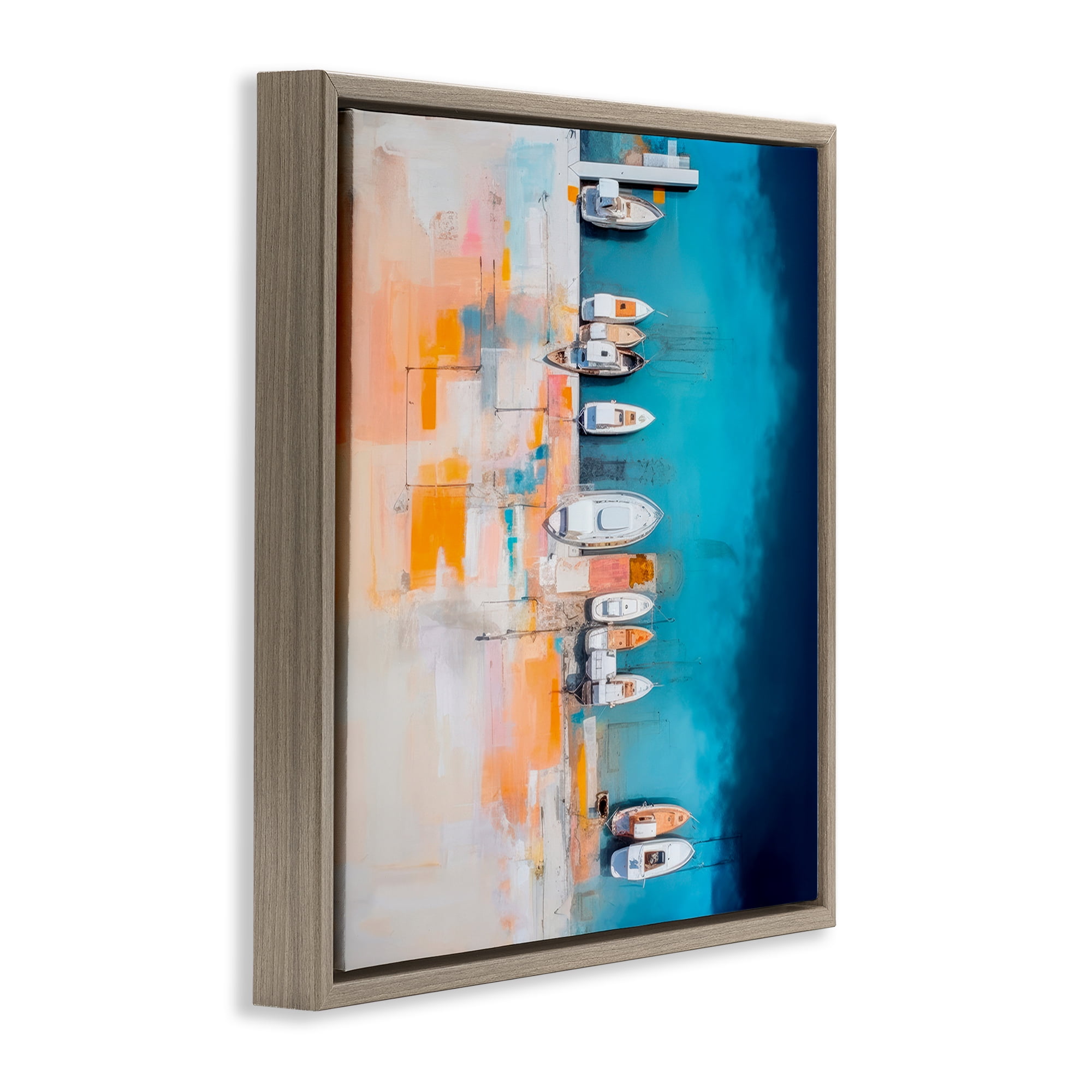 Stupell Industries Boat Harbor Aerial View Transportation Painting Brown Floater Framed Canvas Art Print Wall Art, 25 x 25