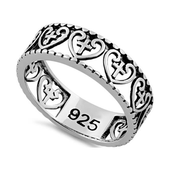 Mooneye 925 Sterling Silver Oxidized Platinum Plated Multiple Heart And Cross Women Valentine Ring
