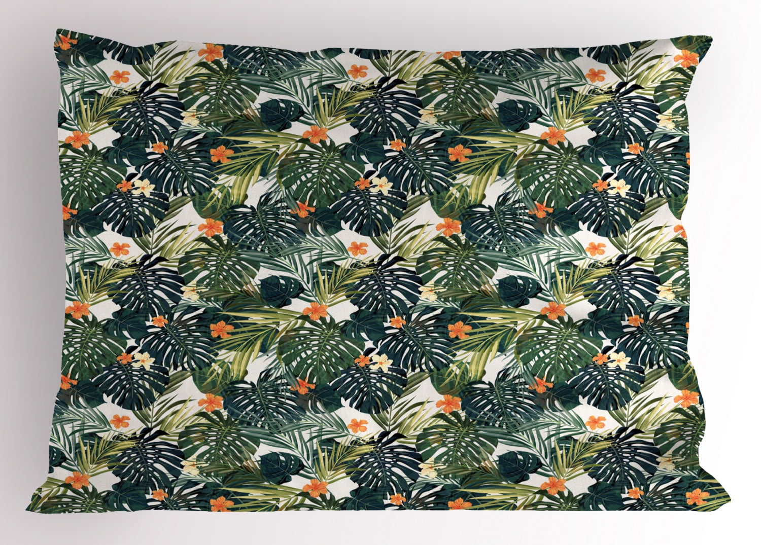 Green Pillow Sham Hawaiian Summer Aloha Pattern with Tropical Plants