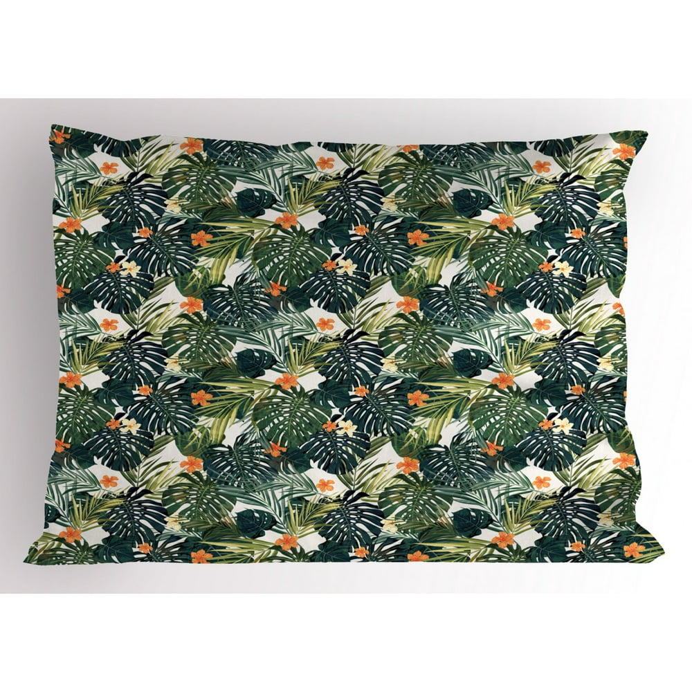 Green Pillow Sham Hawaiian Summer Aloha Pattern with Tropical Plants and Hibiscus Flowers