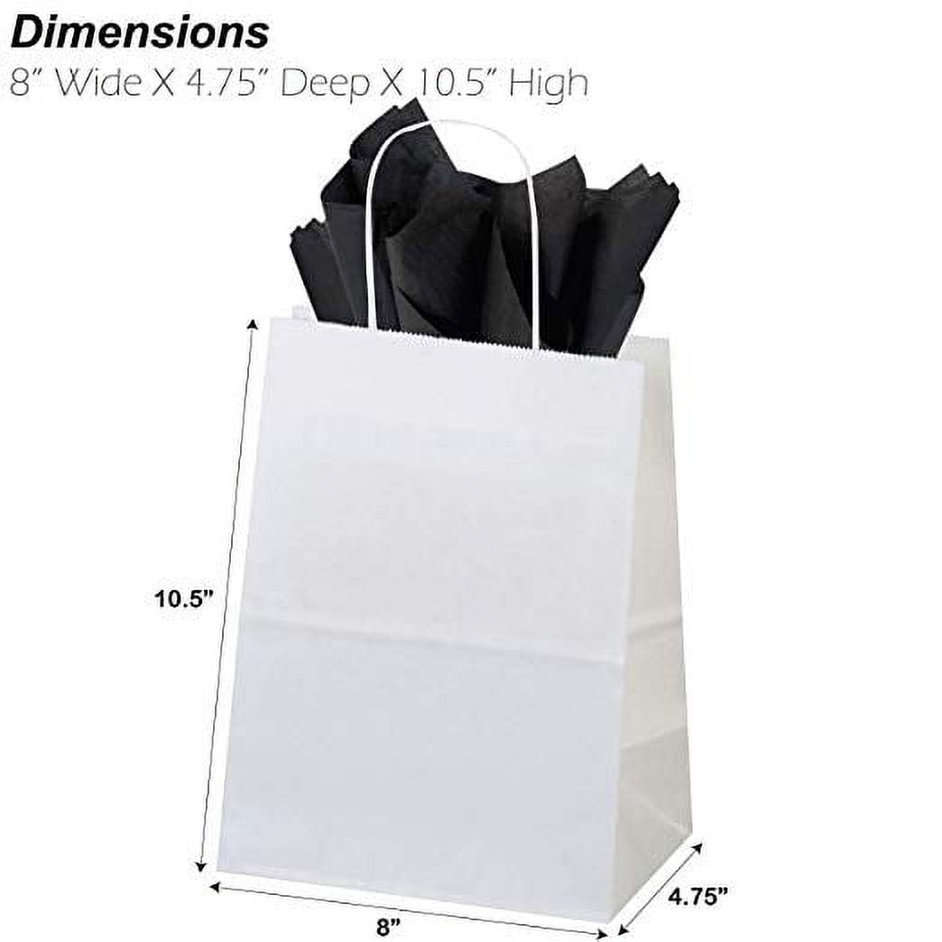 50ct White Paper Gift Bags + 100ct Black Gift Tissue (Flexicore Packaging)  