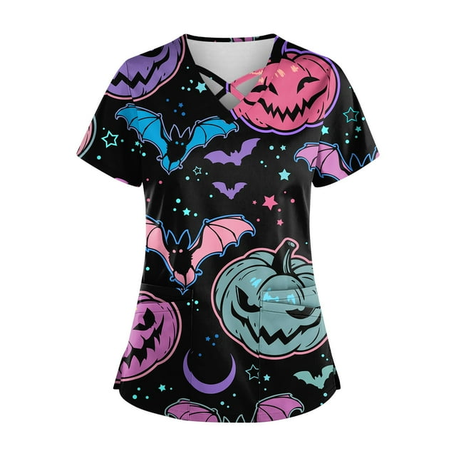 LINMOUA Plus SizePrinted Scrub Working Uniform Tops For Women's Cross V-Neck Halloween Print Short Sleeve Fun T-Shirts Workwear Tee With Pockets