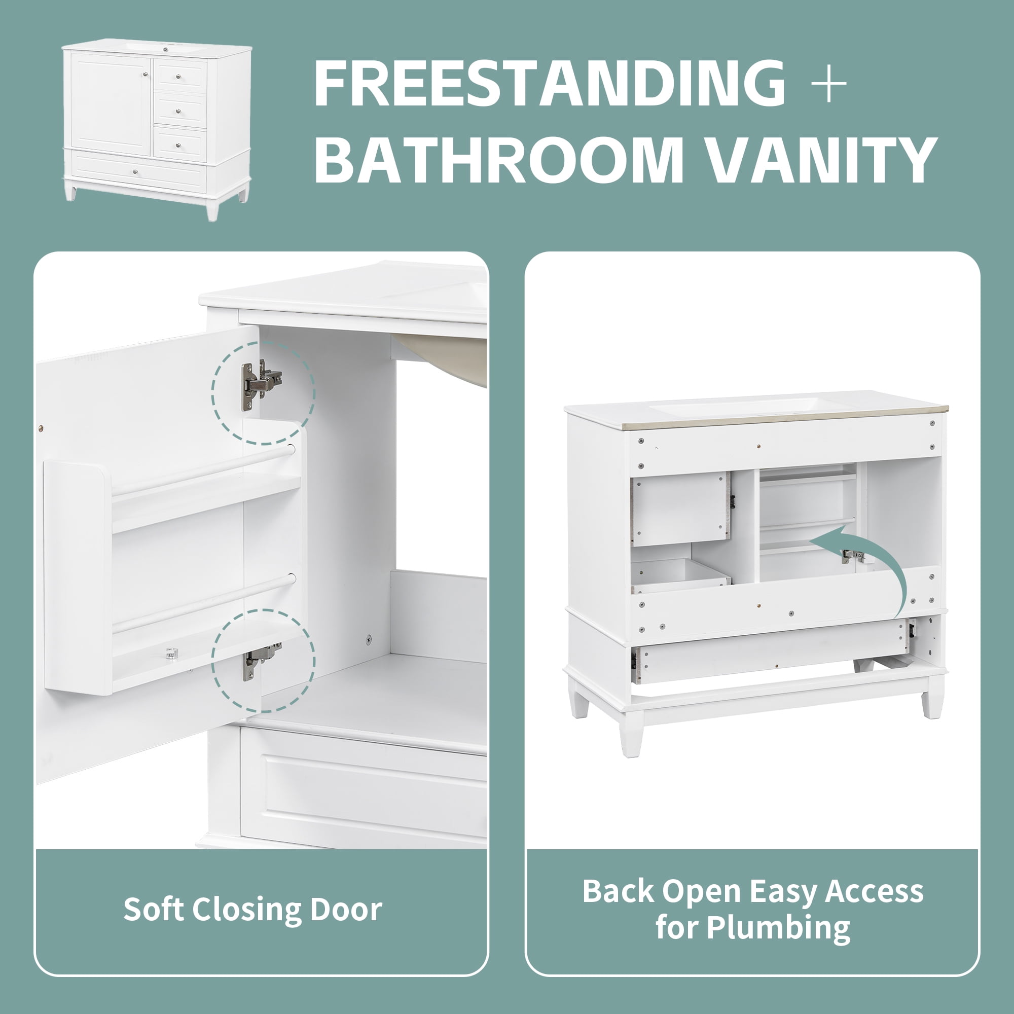 Harper & Bright Designs 36" Bathroom Vanity with Ceramic Sink, Free Standing Single Basin Vanity Set with 3 Drawers & Cabinet with Shelves, Bathroom Sink Storage Cabinet, White