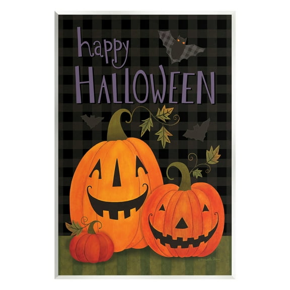 Stupell Industries Pumpkins & Bat on Plaid Holiday Painting Unframed Art Print Wall Art, 10 x 15