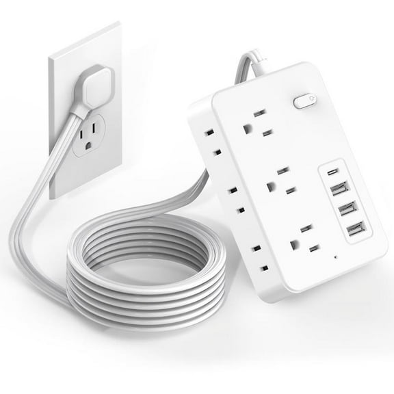 Surge Protector Power Strip with 5-Foot Flat Plug Cord - 6 Wide Outlets, 4 USB Ports (1 USB-C), On/Off Switch, Overload Protection, Dual Voltage 110V/220V US Plug for Home Office