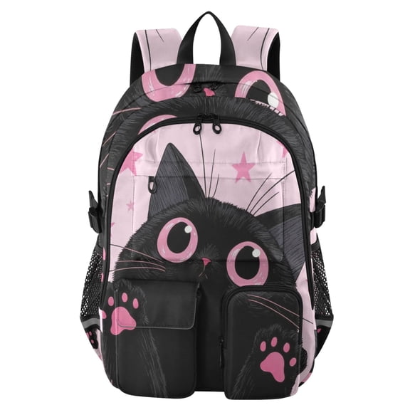 DIXRUYEE Pink Star Black Cat Backpack for School 14”Laptop Compatible with Reflective Safety Strips