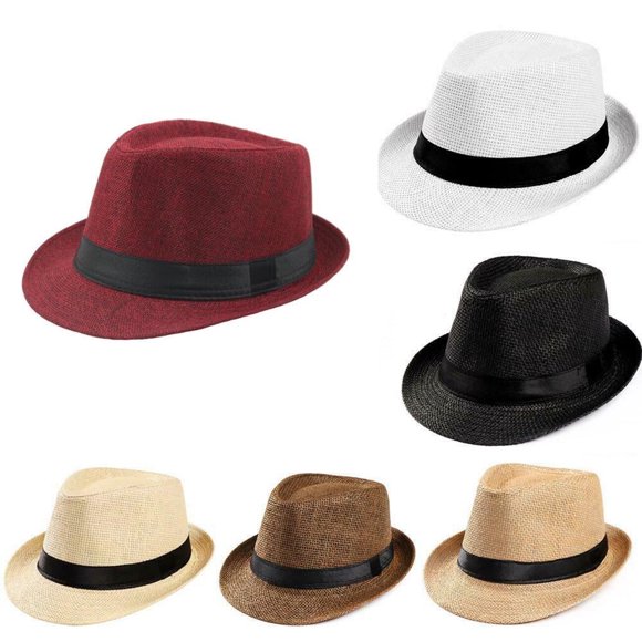 AAOMASSR Men Women Summer Straw Fedora Hat Trilby Cuban Sun Cap Panama Short Brim Floral