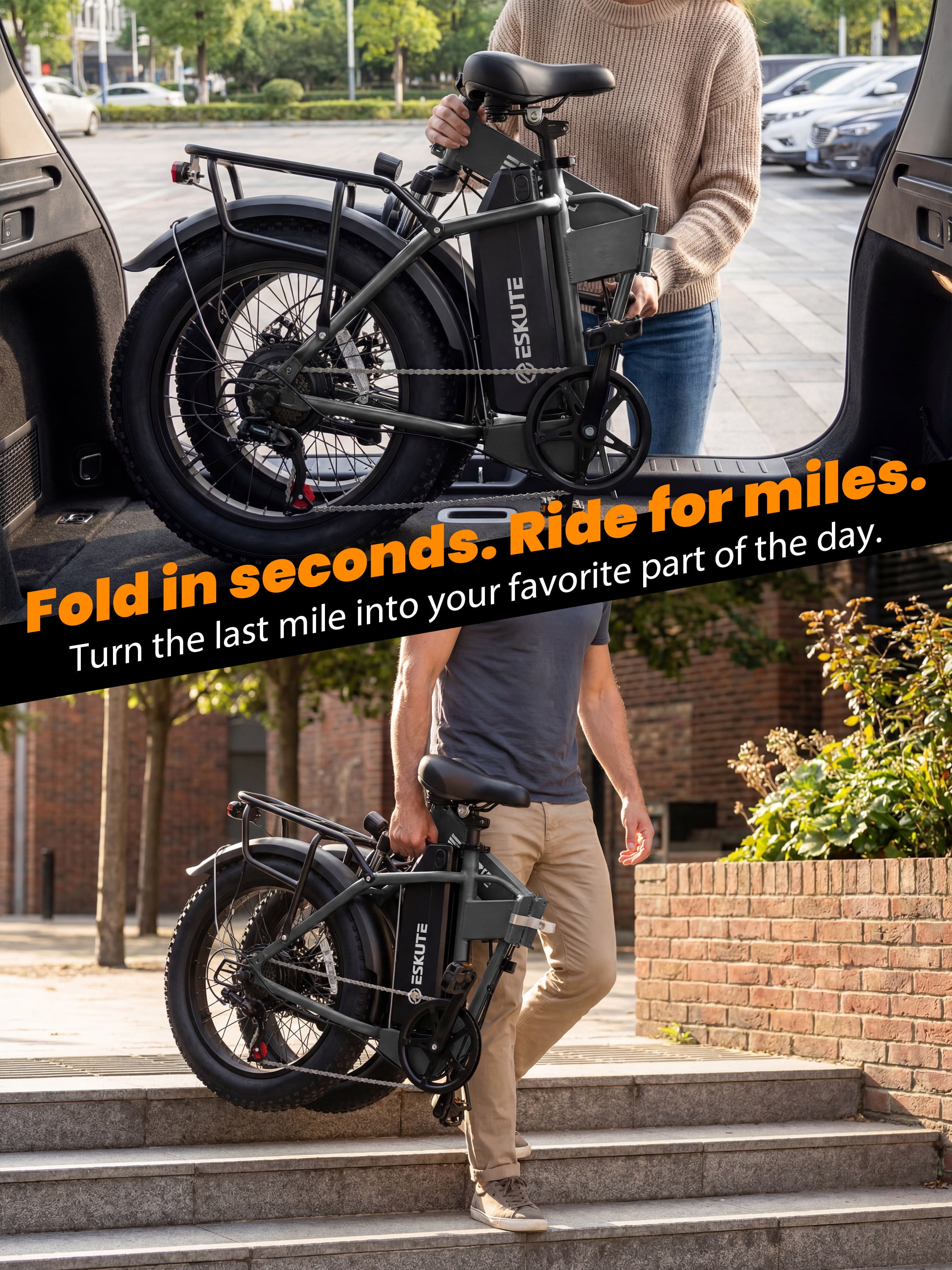 ESKUTE D300 Electric Bike for Adults, Folding Ebike with 1200W Peak Motor 28MPH, 48V 20.8Ah Removable Battery, 20"x4.0" Fat Tires, 80 Miles 7-Speed Gear, NFC Unlock,Gray with Phonebag & Lock, UL2849