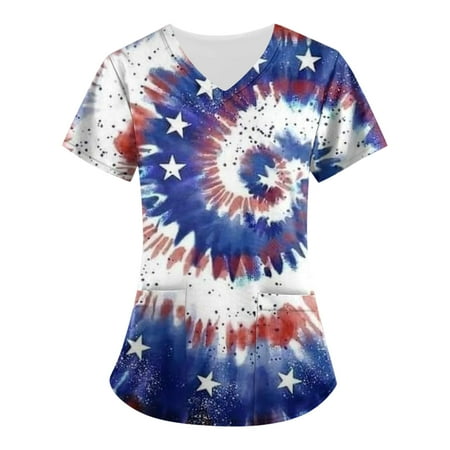 

Sksloeg Women Scrub Tops Fashion Women Short Sleeve Tops Working Uniform 4th Of July American Flag Print Scrub Tops with Pocket Blouse Blue XXXXXL