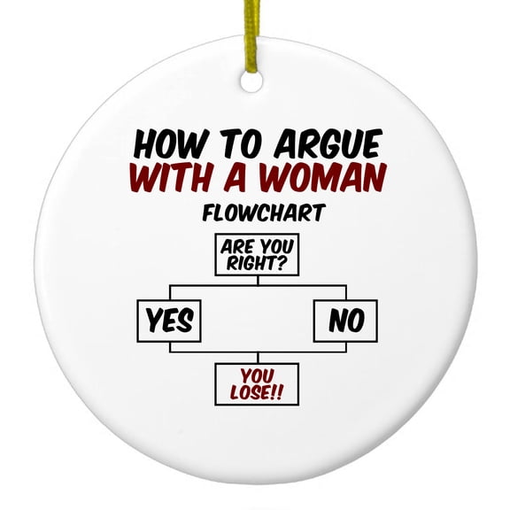 DistinctInk Hanging Ceramic Christmass Tree Ornament with Gold String - Great Gift / Present - 2 3/4 inch diameter - How To Argue With a Woman Flowchart