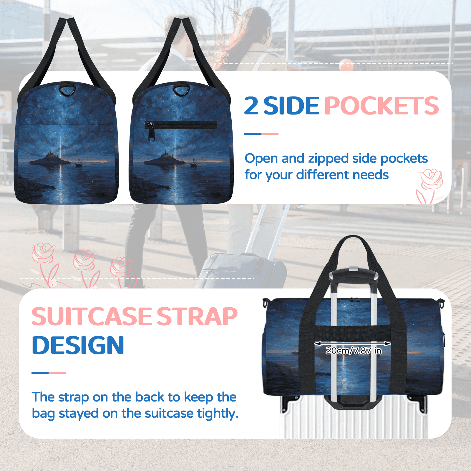 Herdesigns Ocean Beach Gym Bag for Women, Duffle Bag for Travel Sport, Nautical Sailboat Lightweight Waterproof Carry on Weekender Dance Yoga Workout Bags