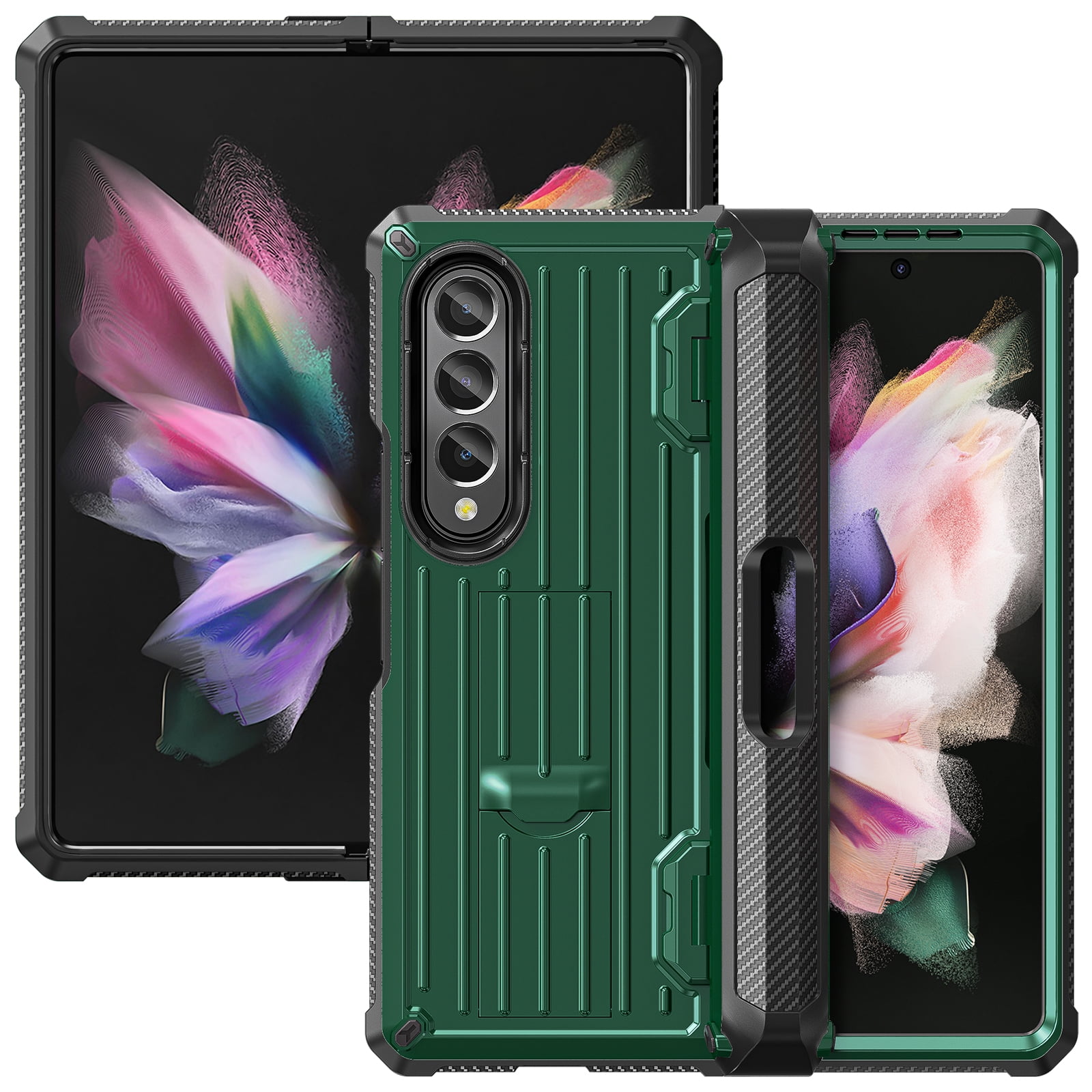 TECH CIRC Case for Samsung Galaxy Z Fold 3 Compatible with MagSafe, Heavy Duty Rugged PC Shockproof Hinge Protection Cover with Hidden Bracket Screen Protector S Pen Holder Case,Armygreen